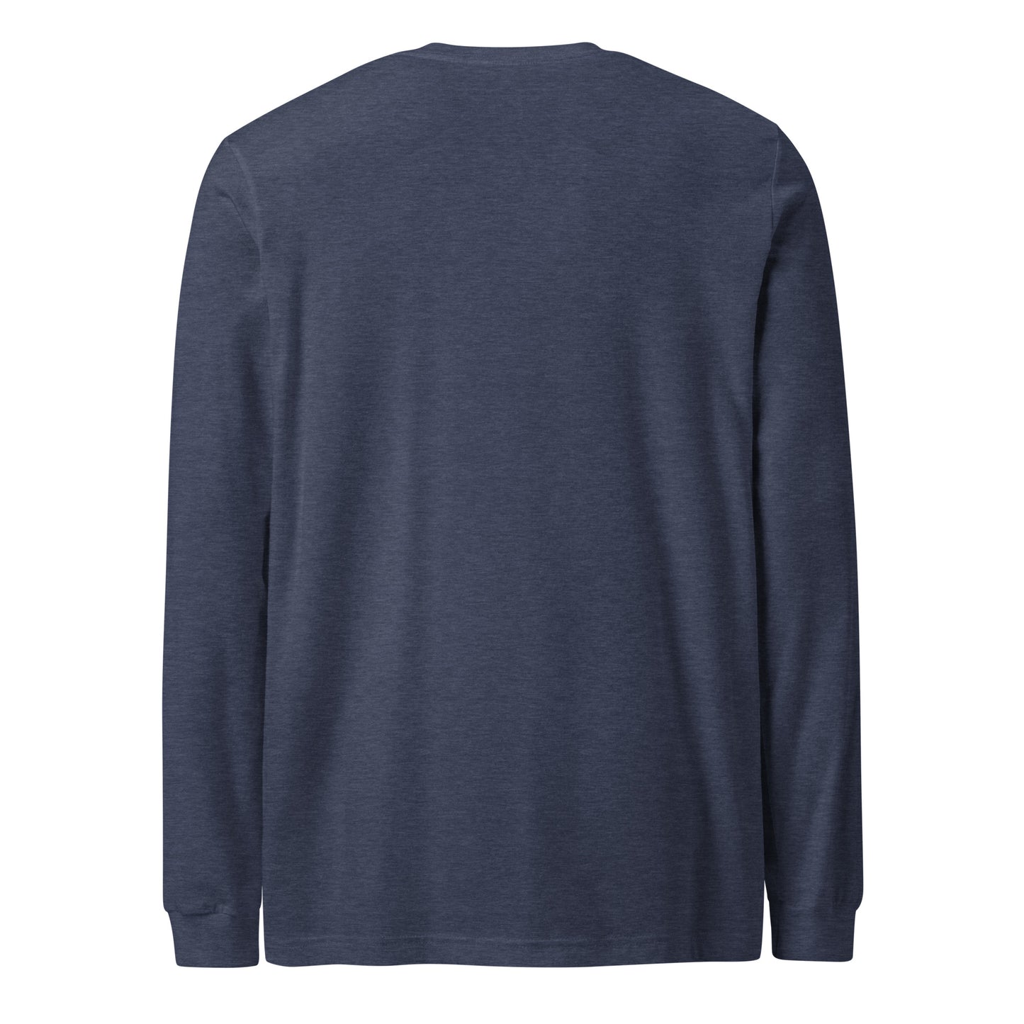 Plain back of navy long-sleeved shirt.