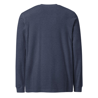 Plain back of navy long-sleeved shirt.