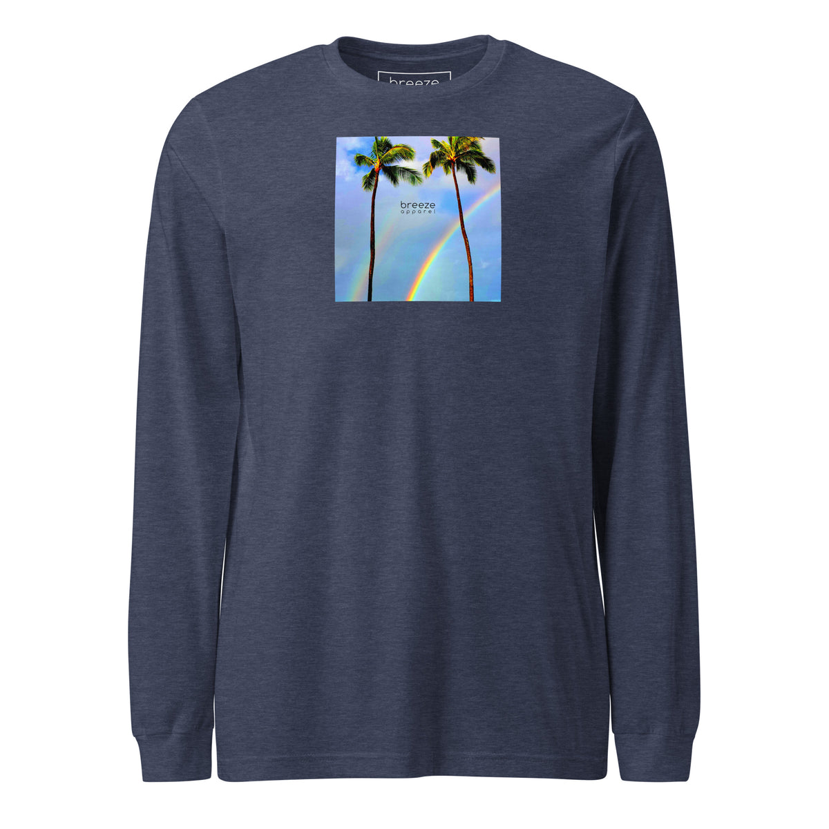 Heather-navy long-sleeved shirt with a graphic of palm trees, rainbow, and a clear blue sky in the background. A small, black 'breeze apparel' logo is between the trees.