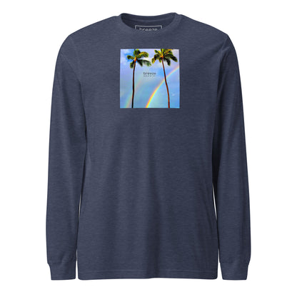 Heather-navy long-sleeved shirt with a graphic of palm trees, rainbow, and a clear blue sky in the background. A small, black 'breeze apparel' logo is between the trees.