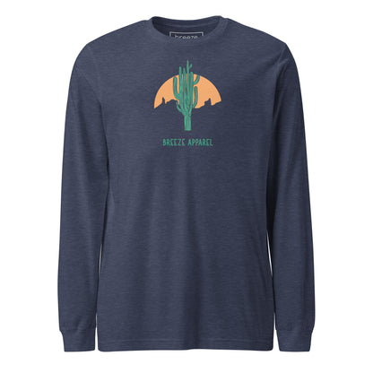 Heather-navy long-sleeved shirt with a graphic of a cactus and sunset, with 'Breeze Apparel' written in green below.