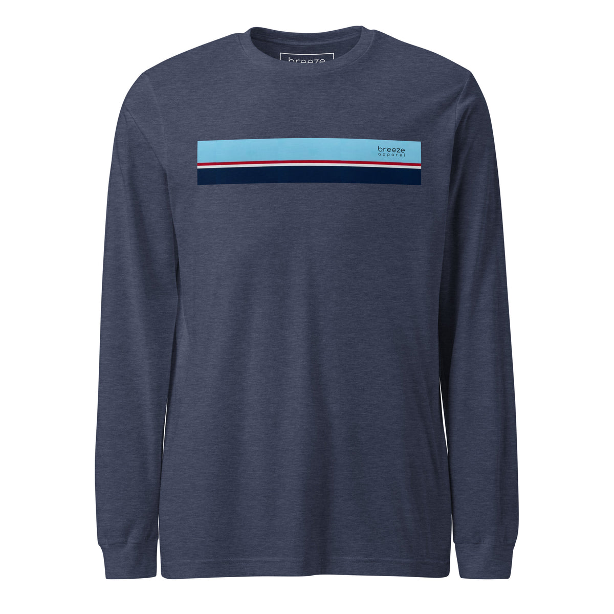 Heather-navy long-sleeved shirt with horizontal blue, red, white, and navy stripe with small black 'breeze apparel' logo