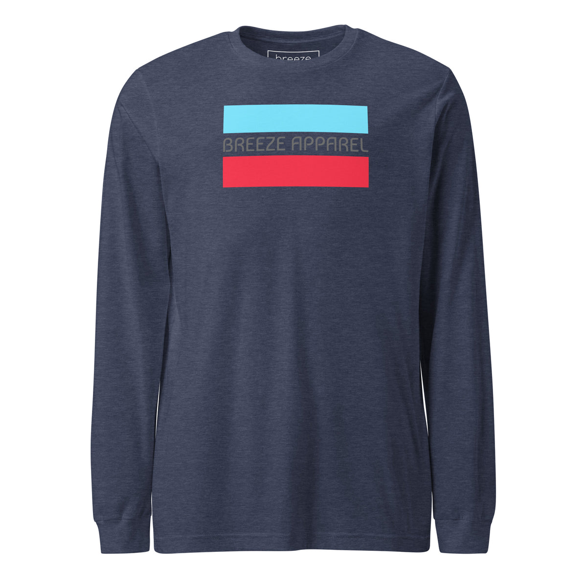 Heather-navy-blue long-sleeved shirt with gray 'Breeze Apparel' logo between horizontal bars, the top being light blue and the bottom being red
