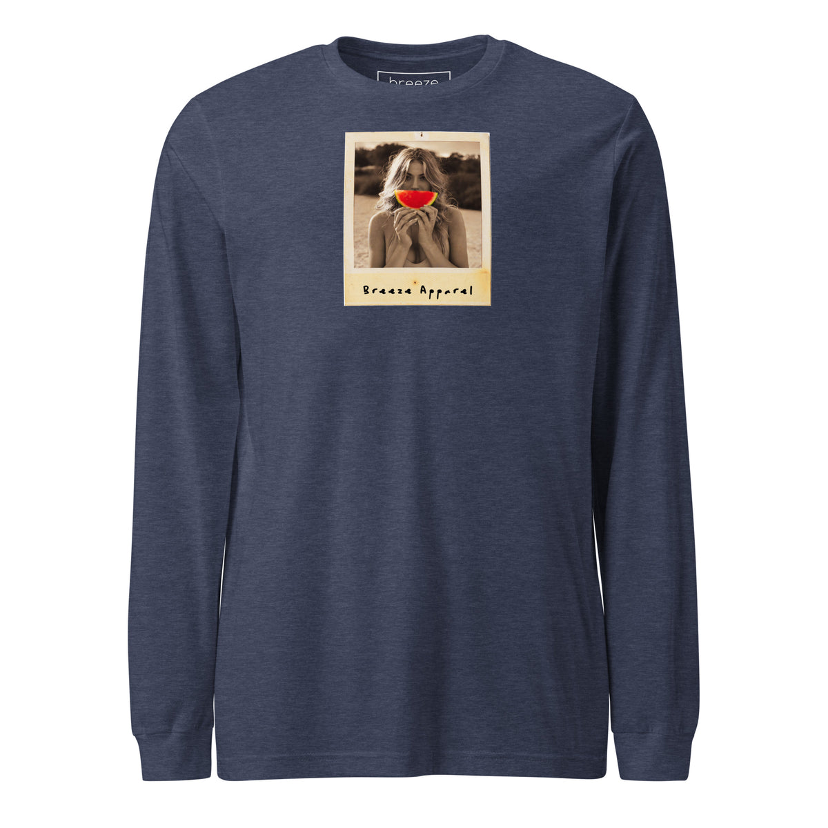 Navy long-sleeved shirt with graphic of woman holding a watermelon slice in front of her mouth.