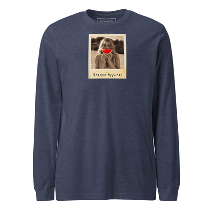 Navy long-sleeved shirt with graphic of woman holding a watermelon slice in front of her mouth.