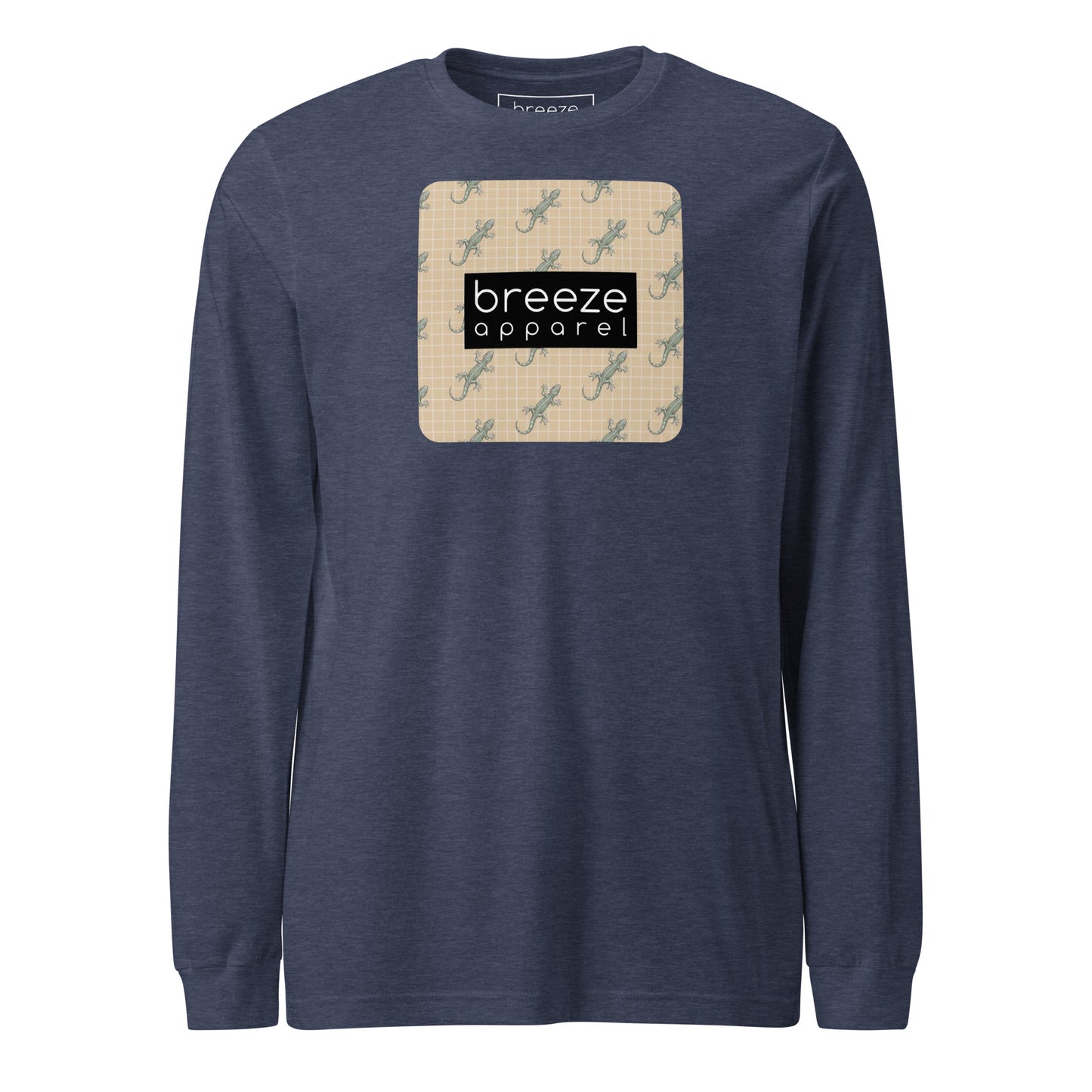 Navy, long-sleeved shirt with square over chest that contains pattern of green geckos set on beige background, overlaid with black, rectangular logo with white lettering.
