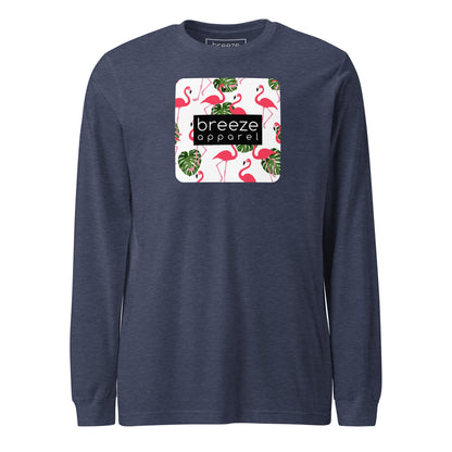 Blue long-sleeved shirt with pattern of flamingos inside of a square, overlaid with a black box with 'breeze apparel' in white inside.