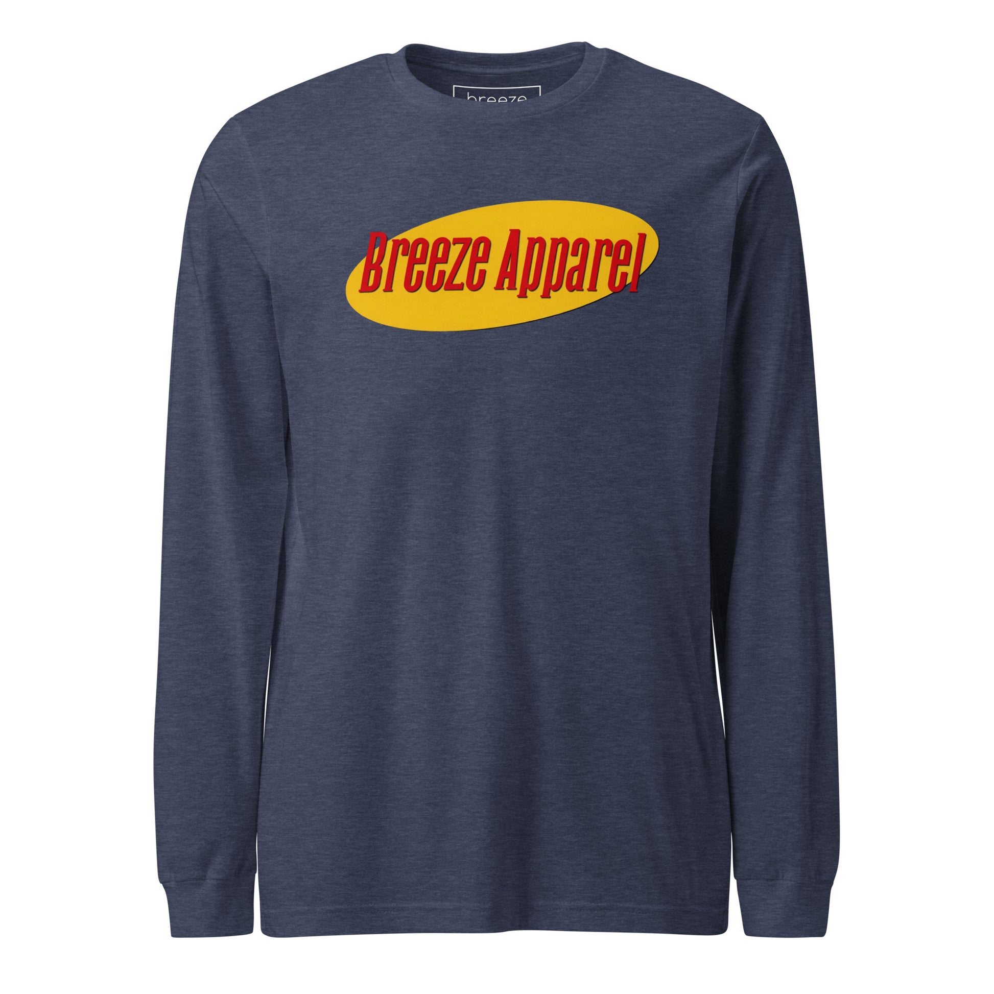 Navy long-sleeved shirt with graphic of "Breeze Apparel" in red set on a yellow oval.