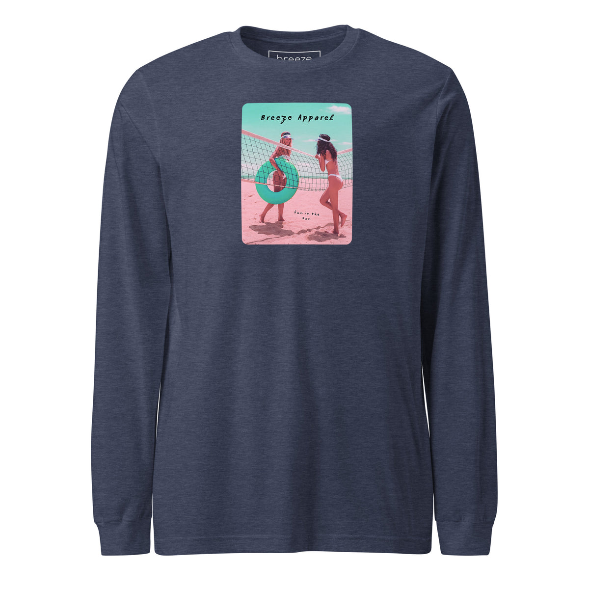 Navy long-sleeved shirt with colorful graphic of two women on the beach.