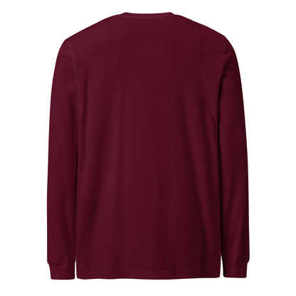 Plain back of maroon long-sleeved shirt.