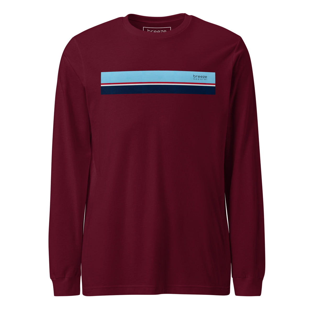 Maroon long-sleeved shirt with horizontal blue, red, white, and navy stripe with small black 'breeze apparel' logo