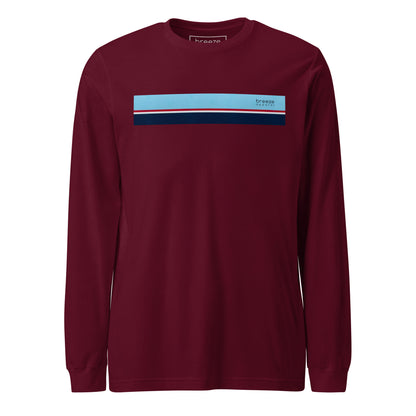 Maroon long-sleeved shirt with horizontal blue, red, white, and navy stripe with small black 'breeze apparel' logo