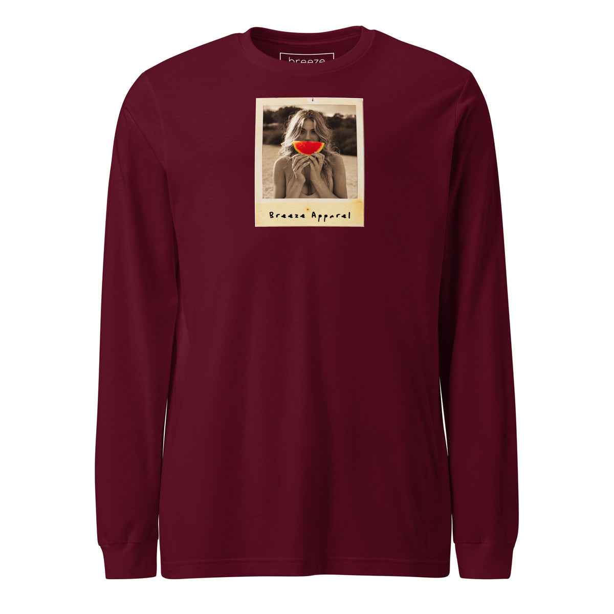 Maroon long-sleeved shirt with graphic of woman holding a watermelon slice in front of her mouth.