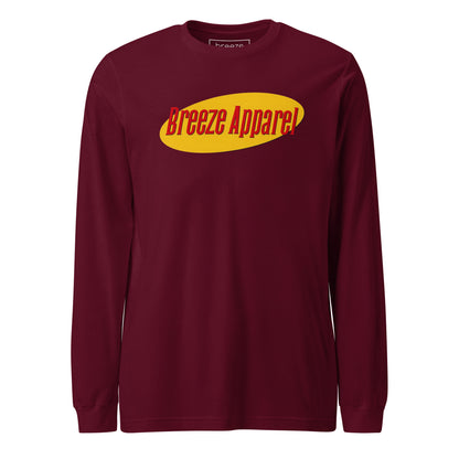 Maroon long-sleeved shirt with graphic of "Breeze Apparel" in red set on a yellow oval.