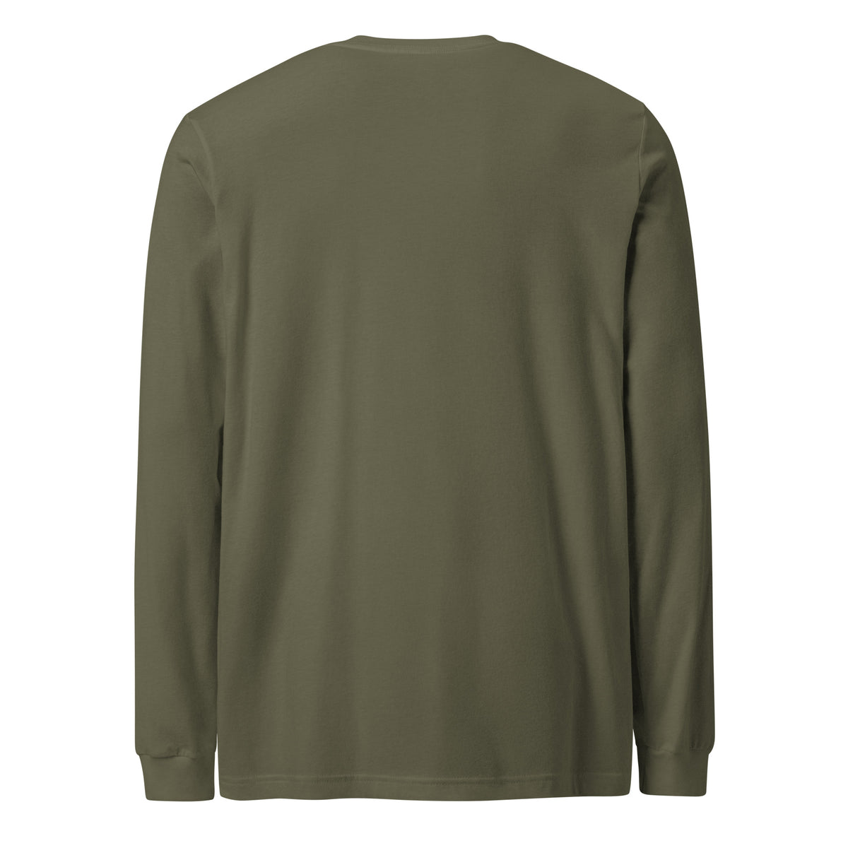 Plain back of green, long-sleeved shirt.