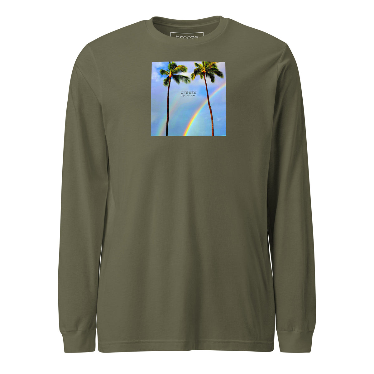 Military-green long-sleeved shirt with a graphic of palm trees, rainbow, and a clear blue sky in the background. A small, black 'breeze apparel' logo is between the trees.