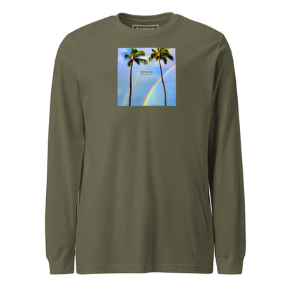Military-green long-sleeved shirt with a graphic of palm trees, rainbow, and a clear blue sky in the background. A small, black 'breeze apparel' logo is between the trees.