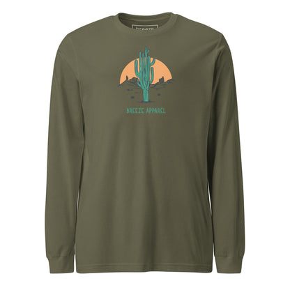 Military-green long-sleeved shirt with a graphic of a cactus and sunset, with 'Breeze Apparel' written in green below.