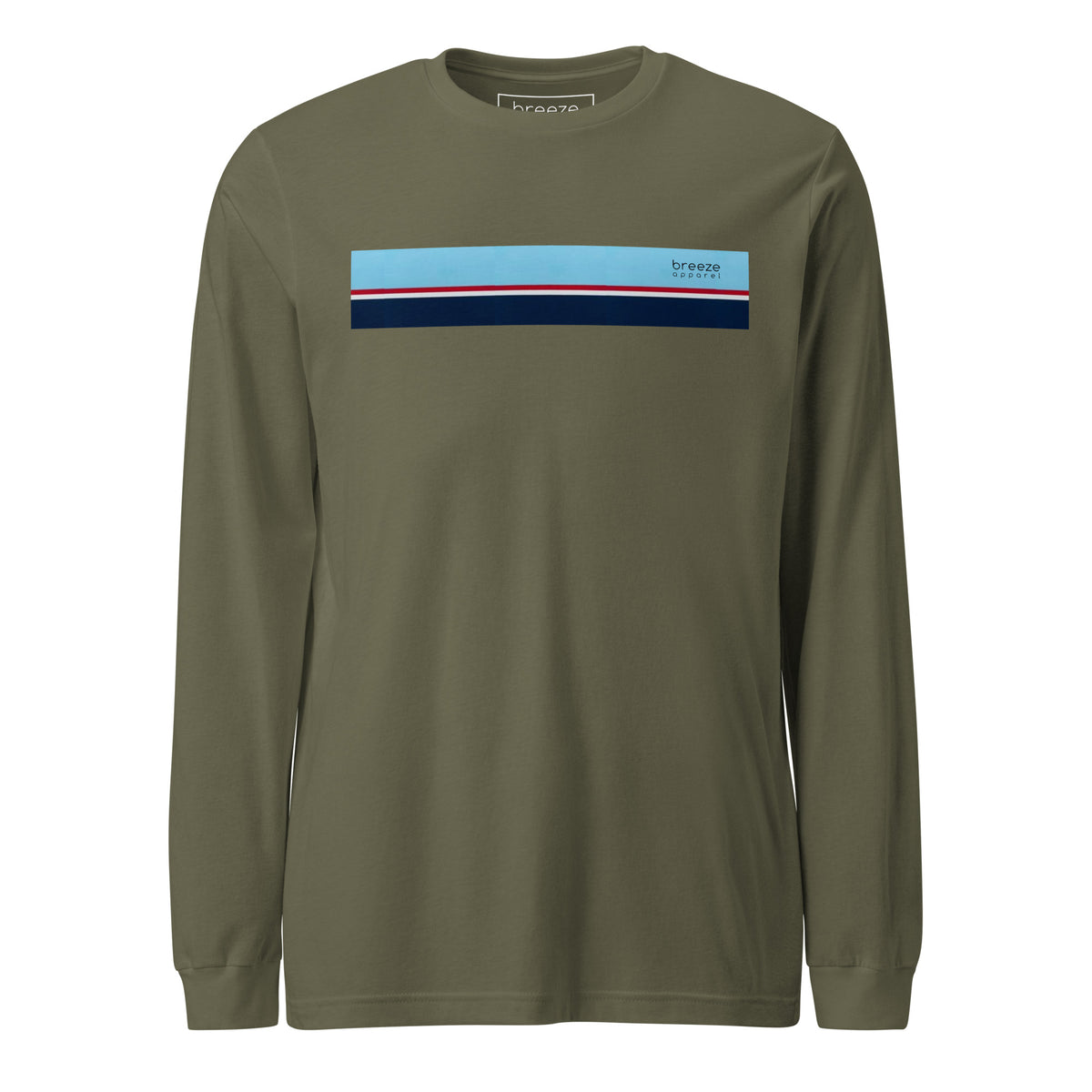 Military-green long-sleeved shirt with horizontal blue, red, white, and navy stripe with small black 'breeze apparel' logo