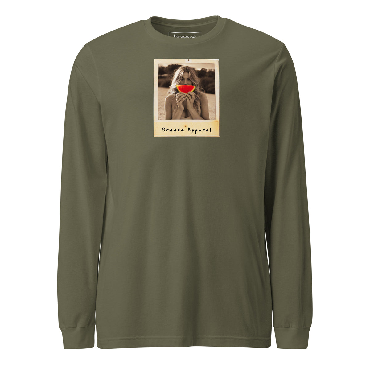 Military-green long-sleeved shirt with graphic of woman holding a watermelon slice in front of her mouth.