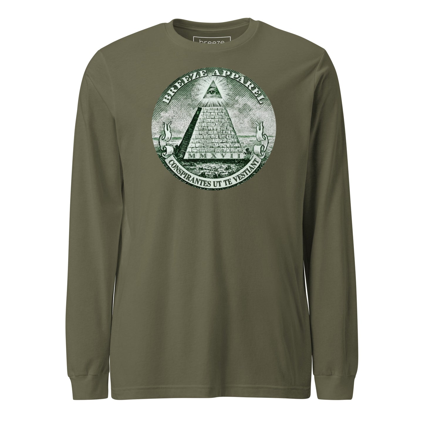 Green, long-sleeved shirt with graphic resembling pyramid from US one-dollar bill.