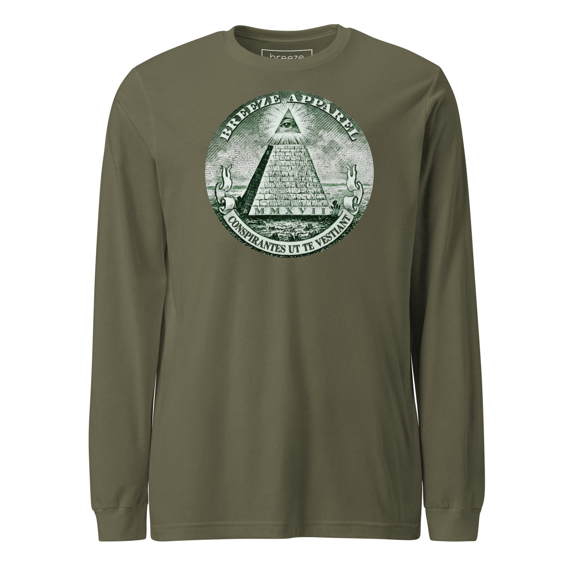 Green, long-sleeved shirt with graphic resembling pyramid from US one-dollar bill.
