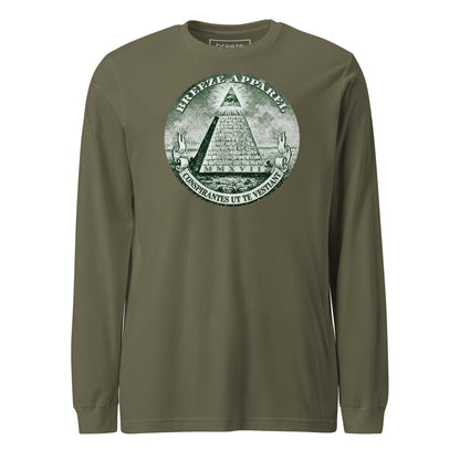 Green, long-sleeved shirt with graphic resembling pyramid from US one-dollar bill.
