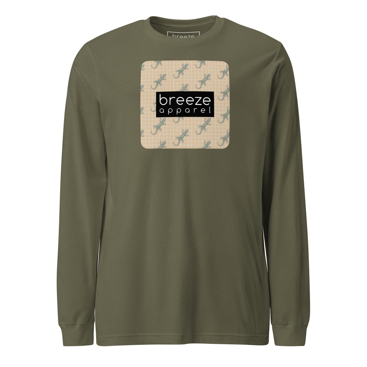 Green, long-sleeved shirt with square over chest that contains pattern of green geckos set on beige background, overlaid with black, rectangular logo with white lettering.