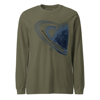 Green, long-sleeved shirt with graphic of blue planet.
