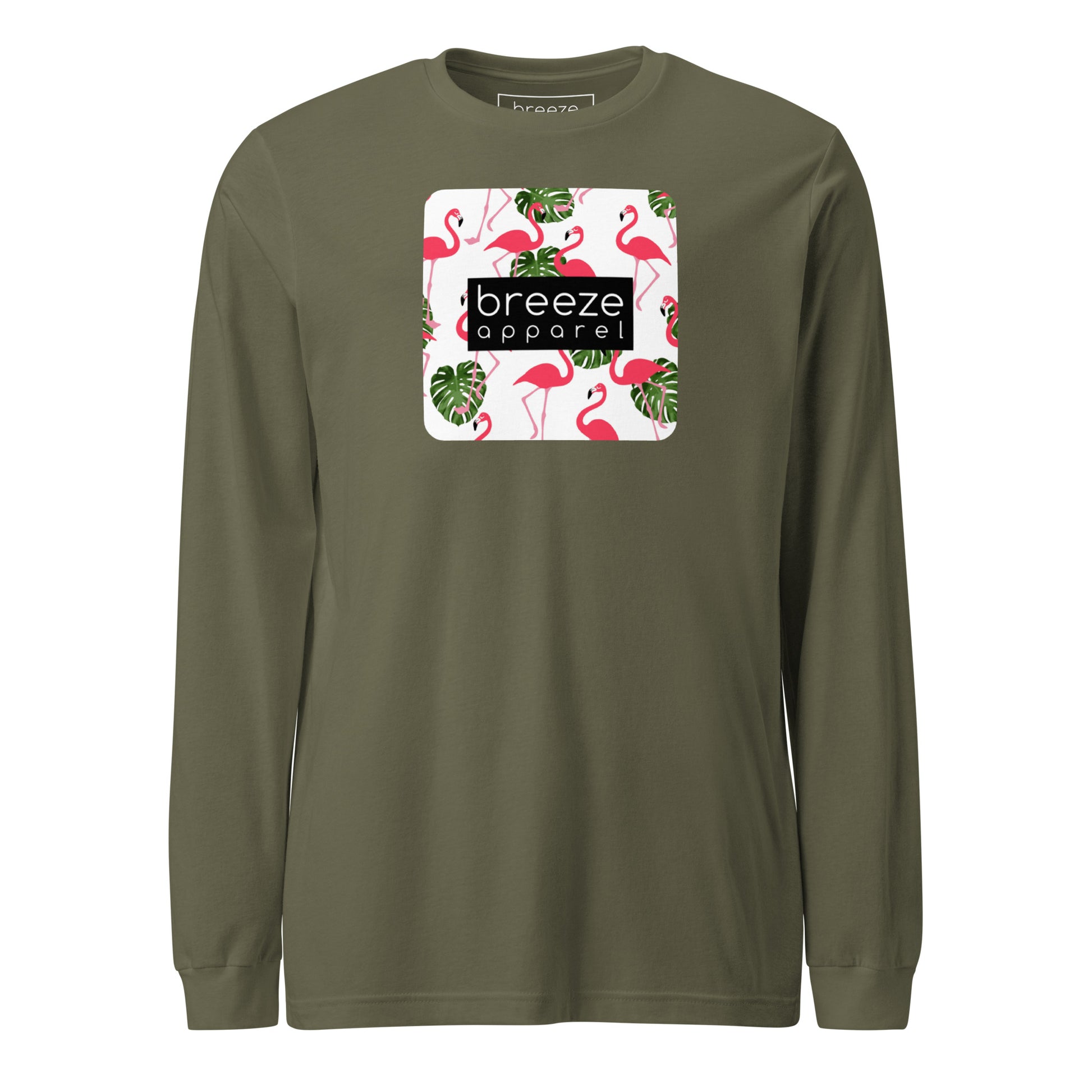 Green long-sleeved shirt with pattern of flamingos inside of a square, overlaid with a black box with 'breeze apparel' in white inside.