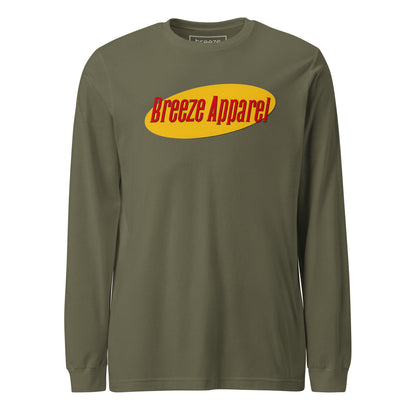 Green long-sleeved shirt with graphic of "Breeze Apparel" in red set on a yellow oval.