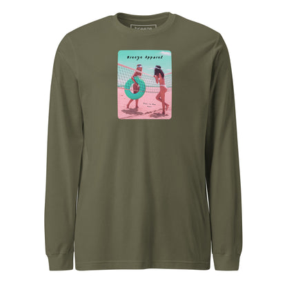 Green long-sleeved shirt with colorful graphic of two women on the beach.