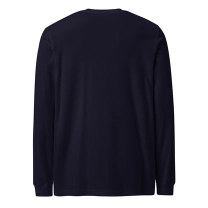 Plain back of navy-blue long-sleeved shirt