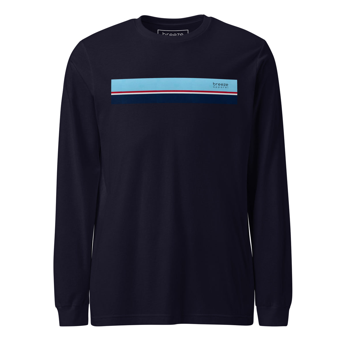 Navy long-sleeved shirt with horizontal blue, red, white, and navy stripe with small black 'breeze apparel' logo