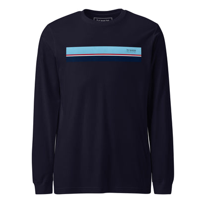 Navy long-sleeved shirt with horizontal blue, red, white, and navy stripe with small black 'breeze apparel' logo