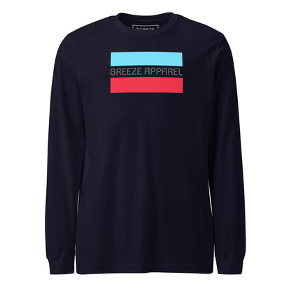 Navy-blue long-sleeved shirt with gray 'Breeze Apparel' logo between horizontal bars, the top being light blue and the bottom being red
