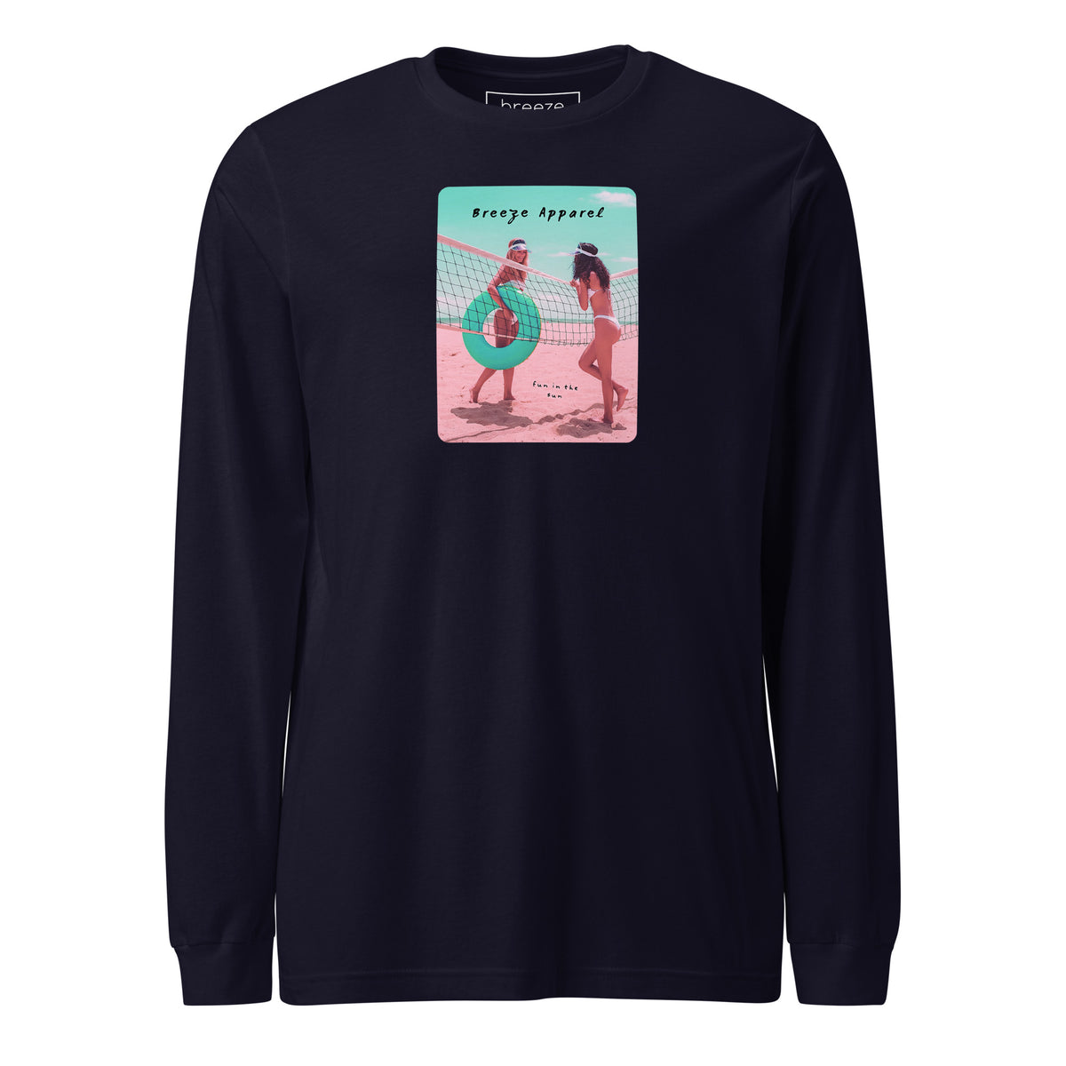 Navy long-sleeved shirt with colorful graphic of two women on the beach.