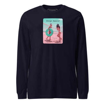 Navy long-sleeved shirt with colorful graphic of two women on the beach.