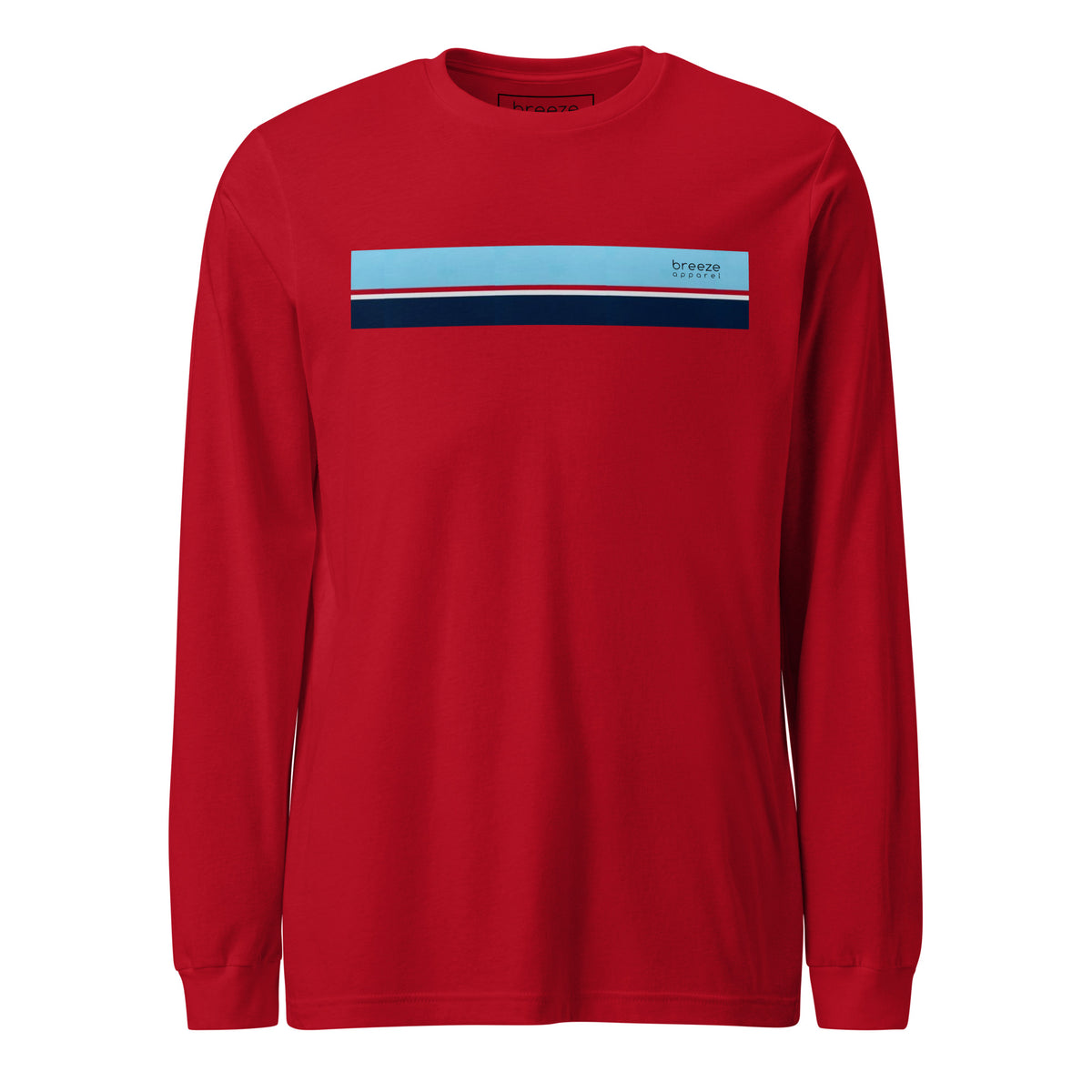 Red long-sleeved shirt with horizontal blue, red, white, and navy stripe with small black 'breeze apparel' logo