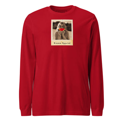 Red long-sleeved shirt with graphic of woman holding a watermelon slice in front of her mouth.