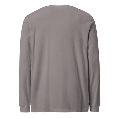 Plain back of gray, long-sleeved shirt.