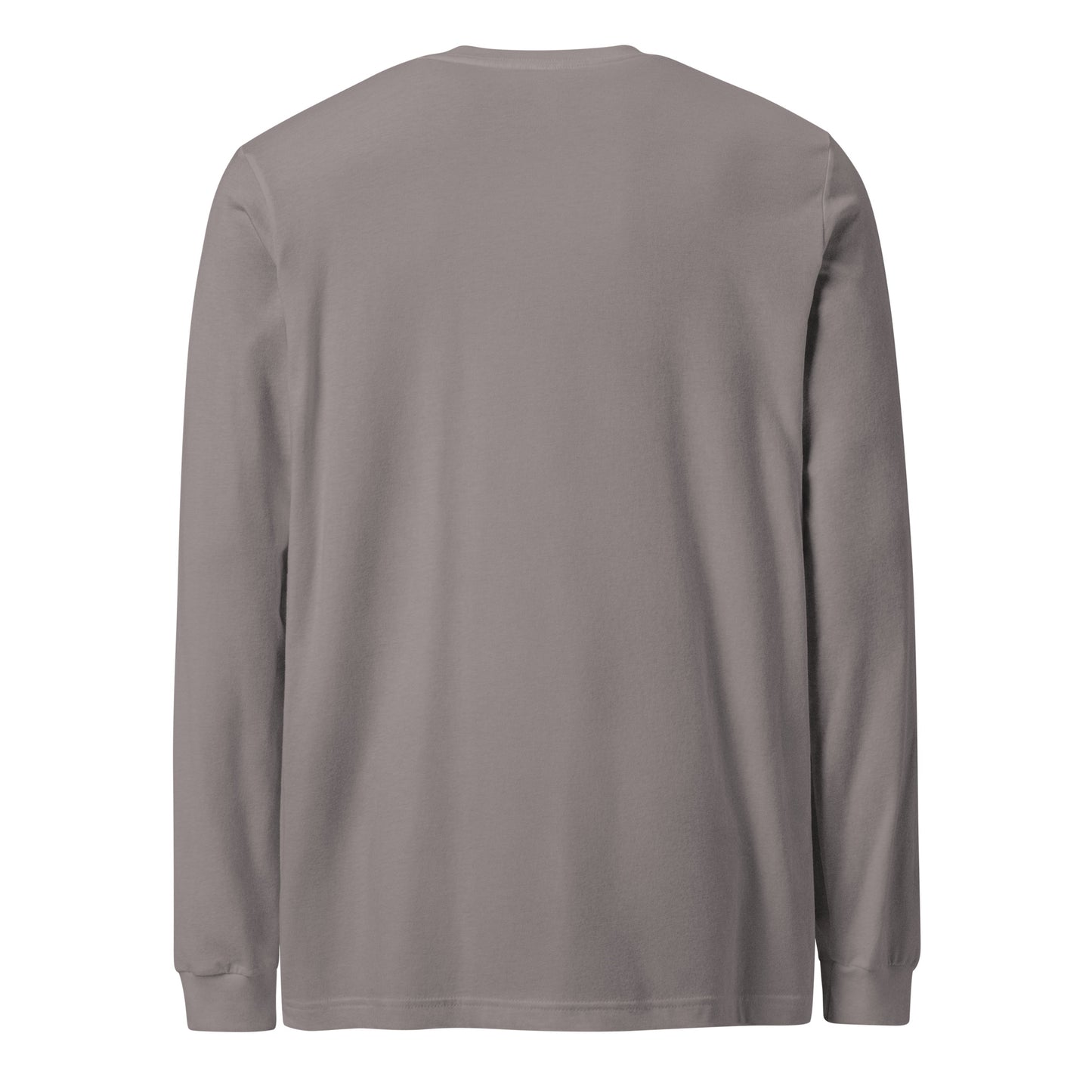 Plain back of gray long-sleeved shirt.