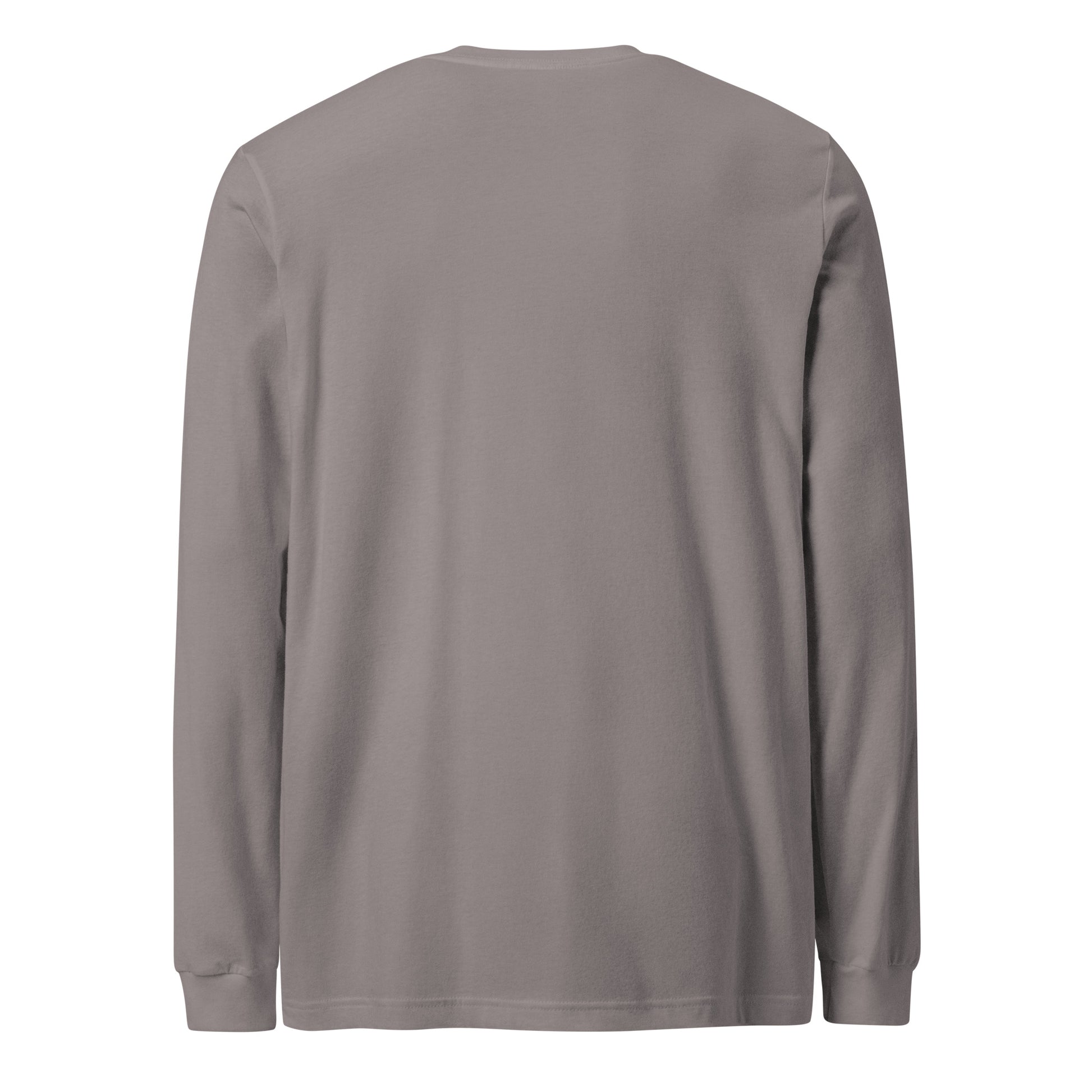 Plain back of gray long-sleeved shirt.