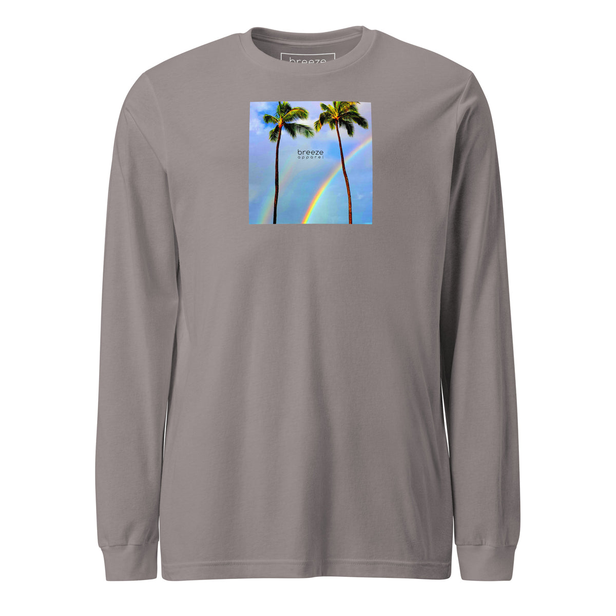 Storm-gray long-sleeved shirt with a graphic of palm trees, rainbow, and a clear blue sky in the background. A small, black 'breeze apparel' logo is between the trees.