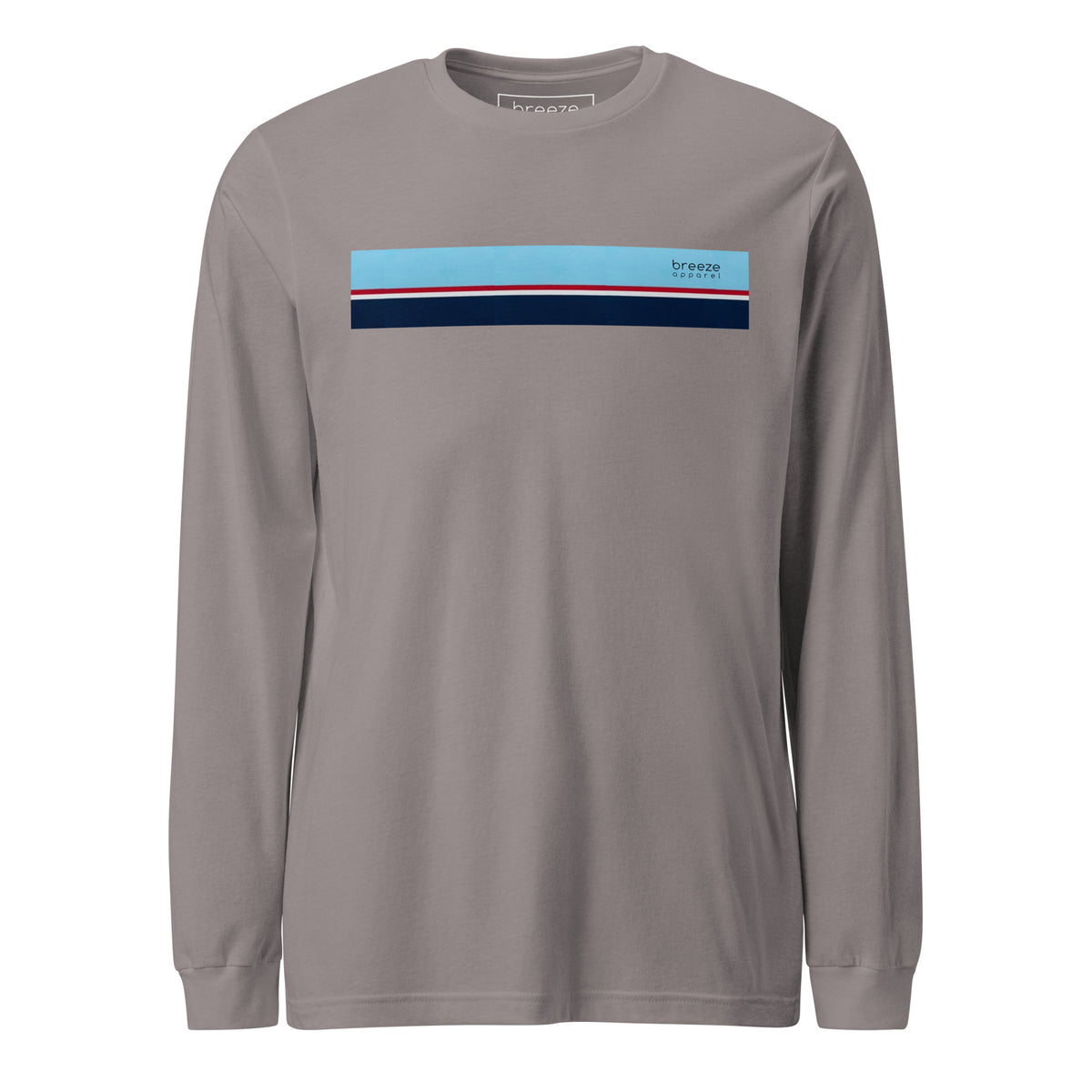 Storm-gray long-sleeved shirt with horizontal blue, red, white, and navy stripe with small black 'breeze apparel' logo