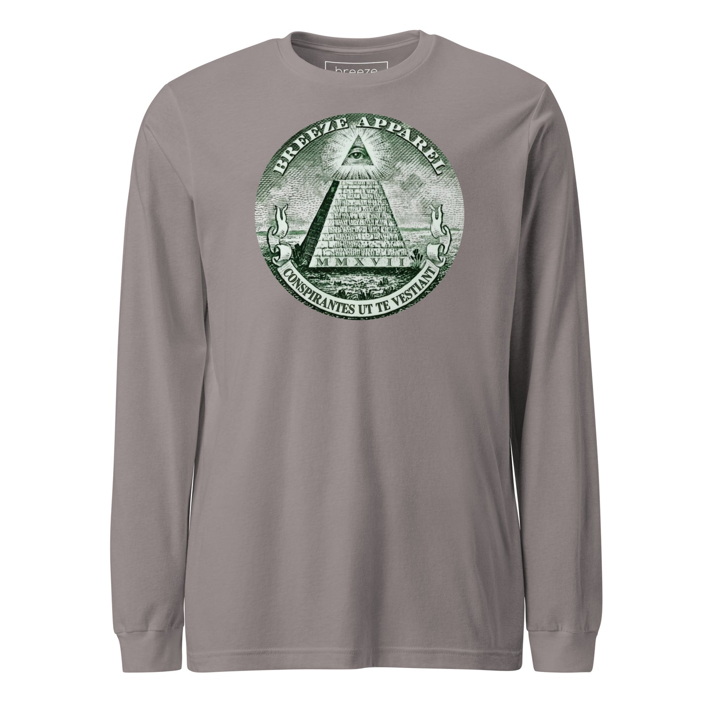 Gray, long-sleeved shirt with graphic resembling pyramid from US one-dollar bill.