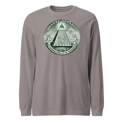 Gray, long-sleeved shirt with graphic resembling pyramid from US one-dollar bill.