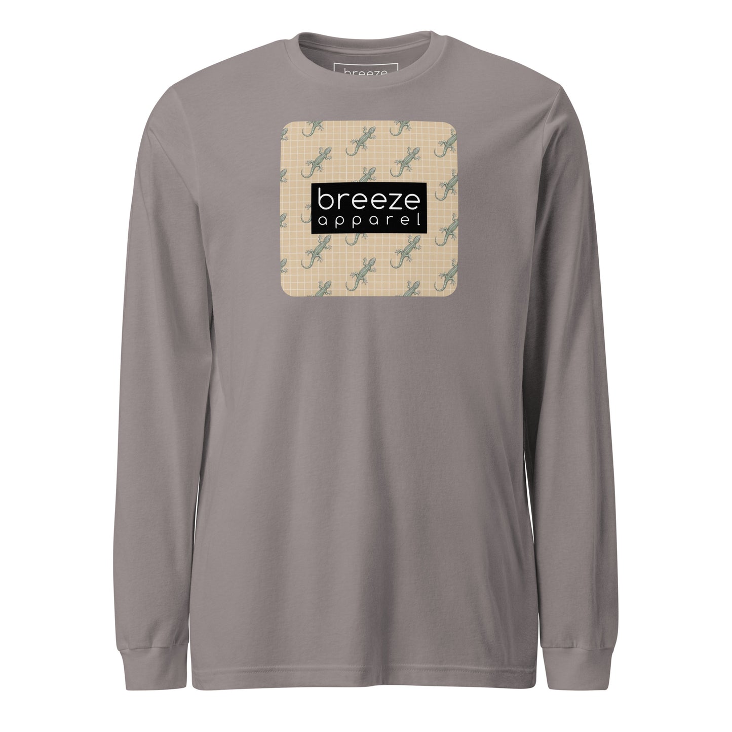 Gray, long-sleeved shirt with square over chest that contains pattern of green geckos set on beige background, overlaid with black, rectangular logo with white lettering.
