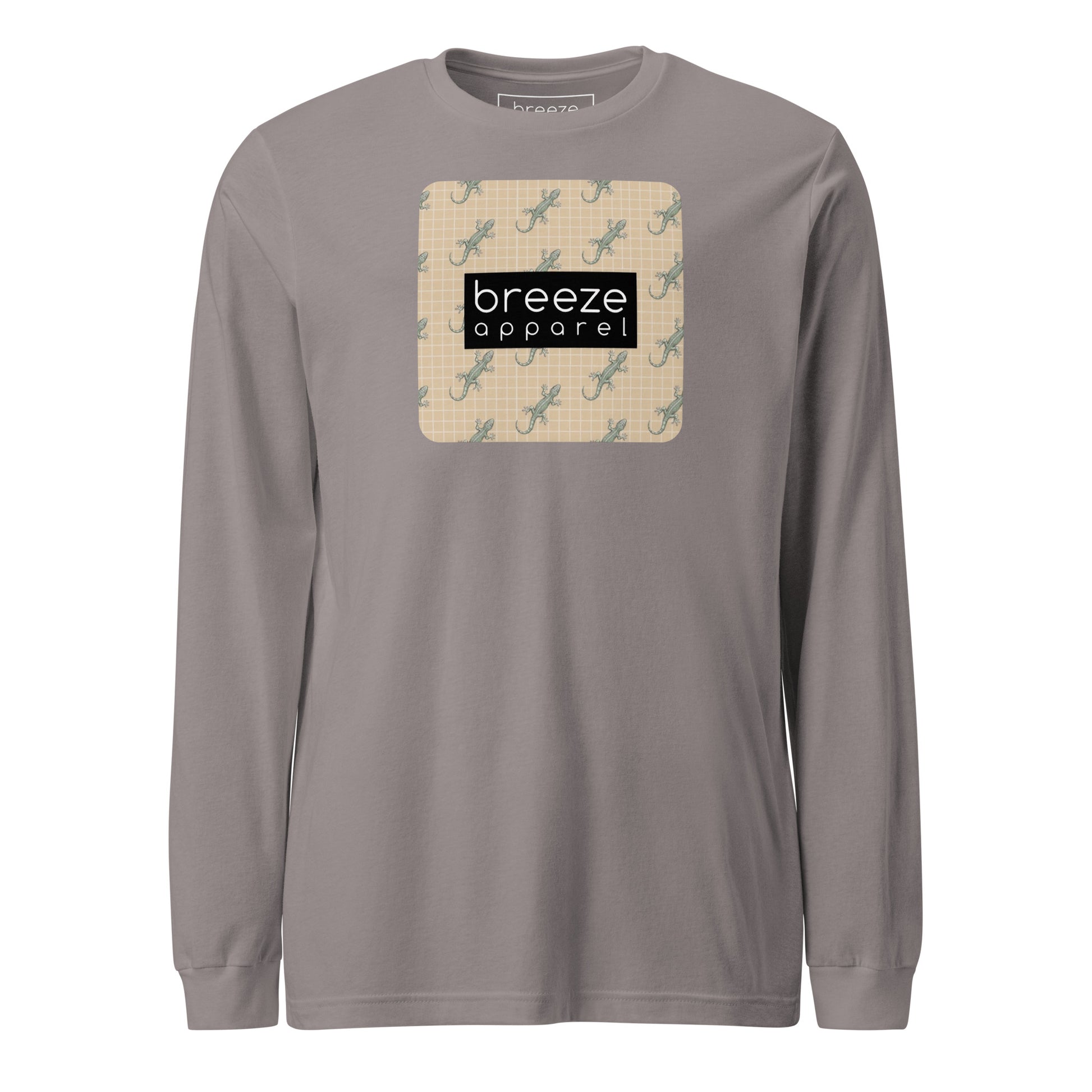 Gray, long-sleeved shirt with square over chest that contains pattern of green geckos set on beige background, overlaid with black, rectangular logo with white lettering.