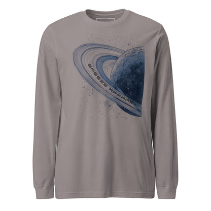 Gray, long-sleeved shirt with graphic of blue planet.